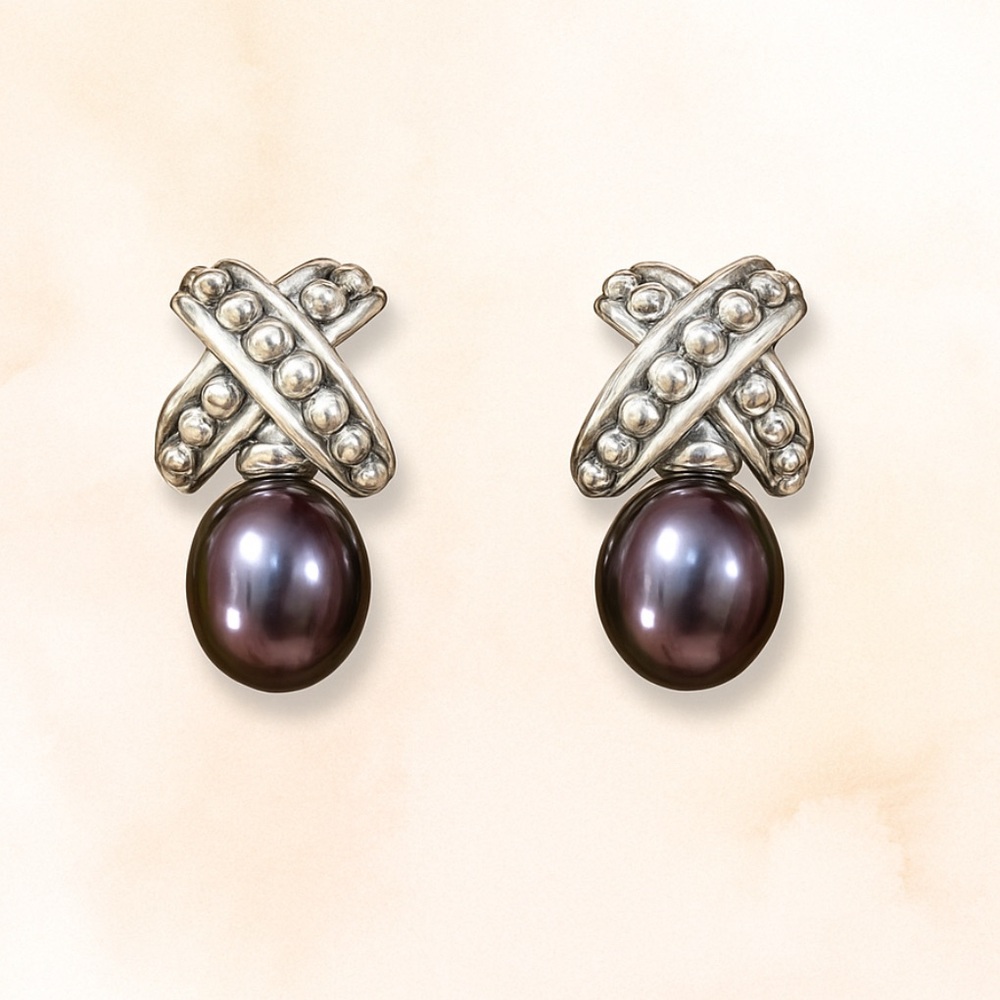 Honora Pearls Genuine Peacock Pearl X shaped dangle earrings in Sterling